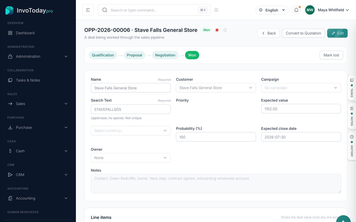 A wholesale sales opportunity in InvoToday's CRM pipeline