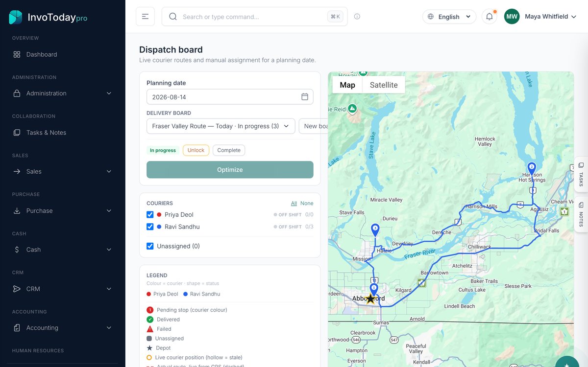 A live dispatch board in InvoToday showing an optimized courier route across the Fraser Valley